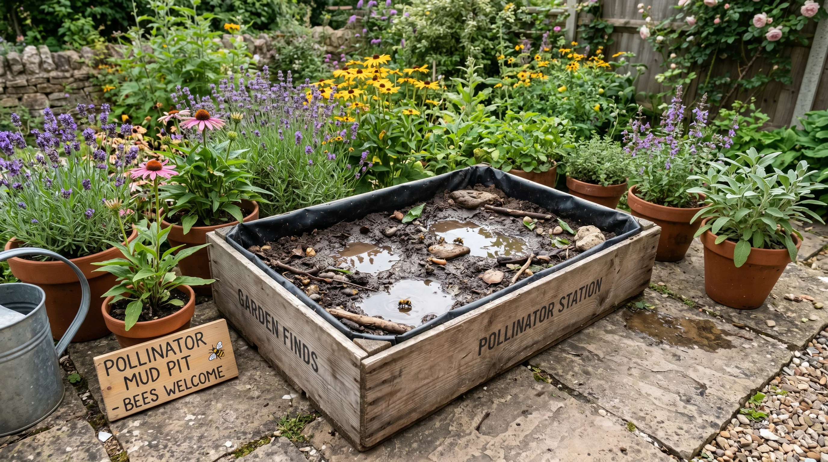 Creative pollinator mud pit made from a repurposed wooden crate on a patio.