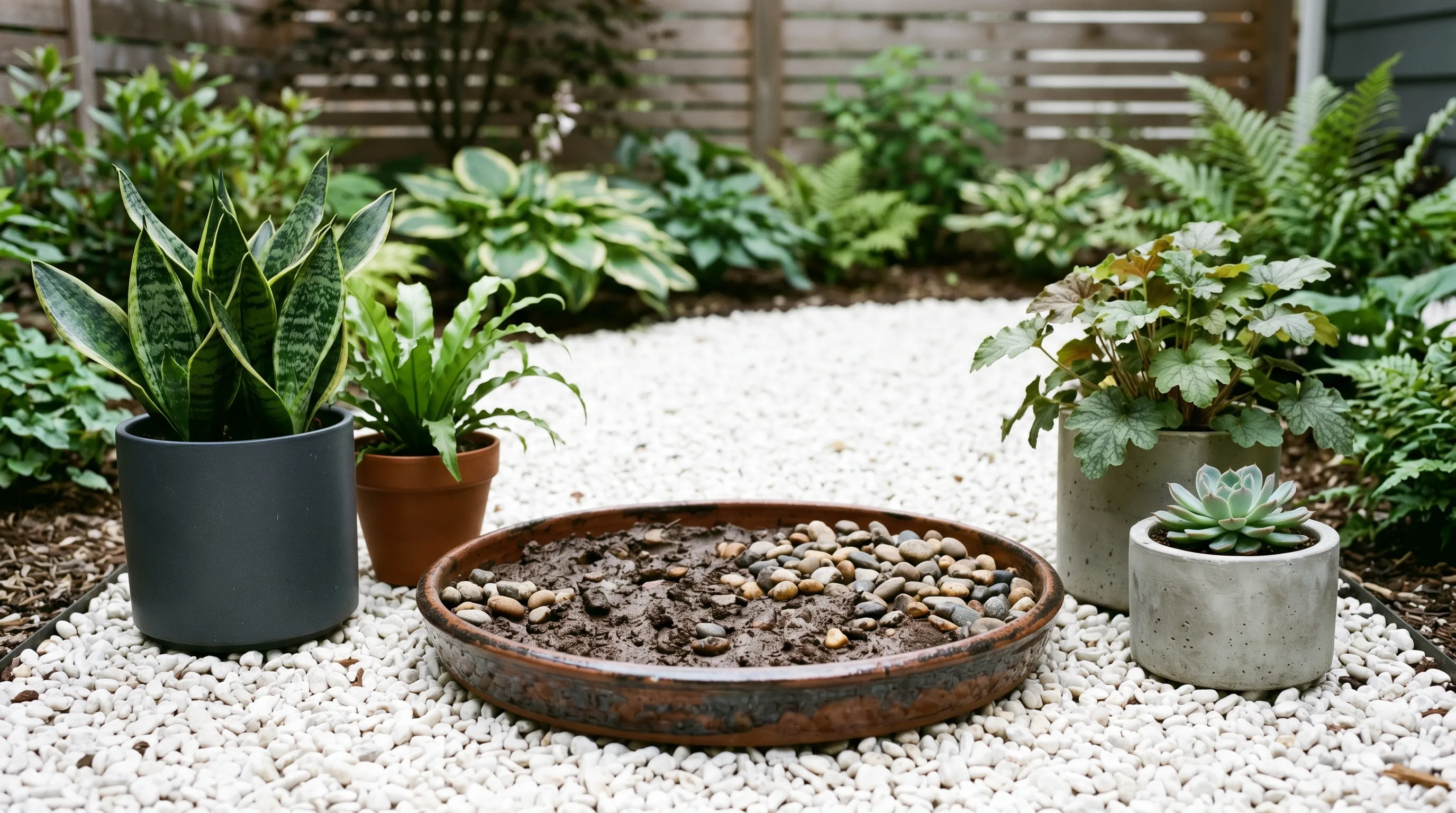 Minimalist mud pit design using a ceramic tray with damp soil and pebbles.