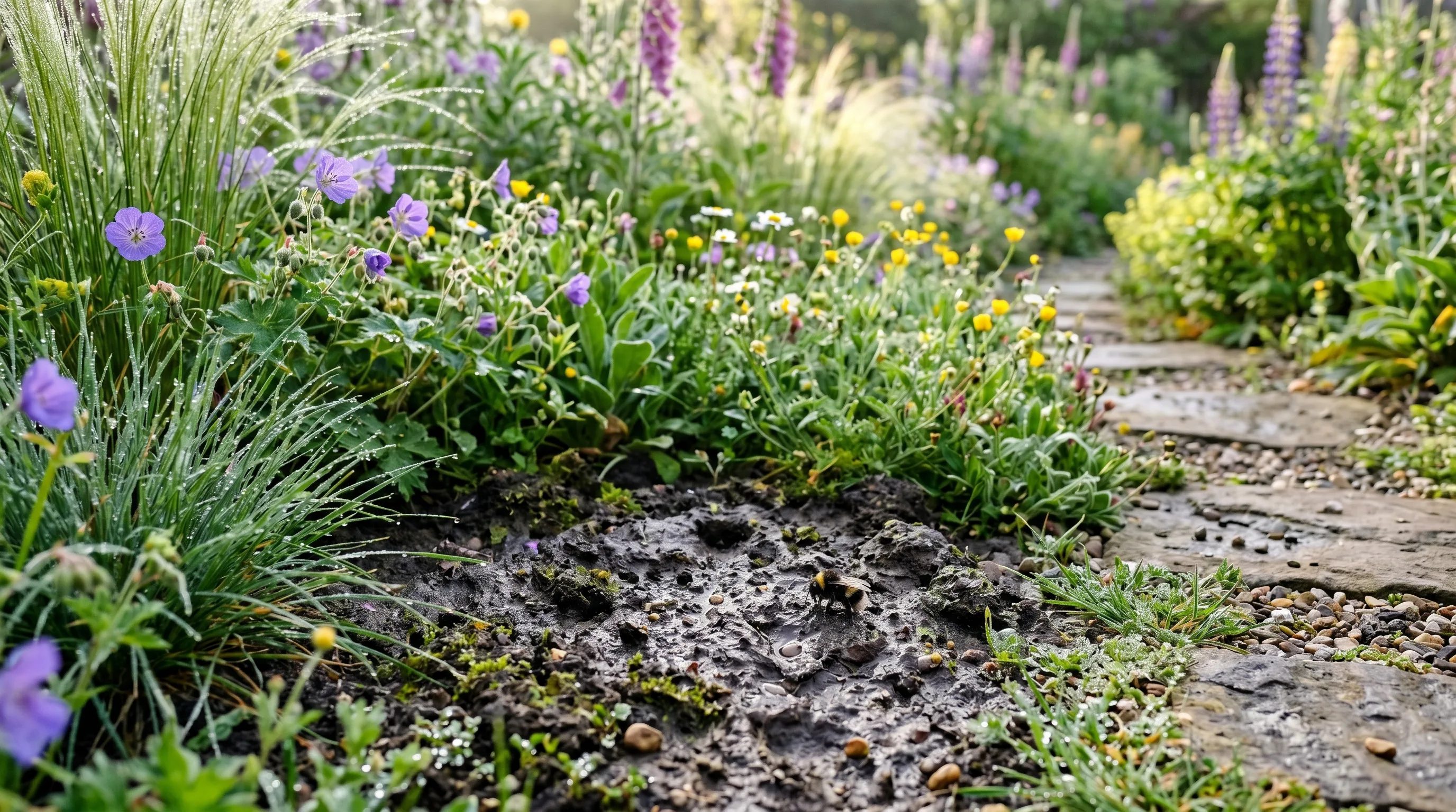 Naturalistic pollinator mud patch beside a garden path with flowering plants.