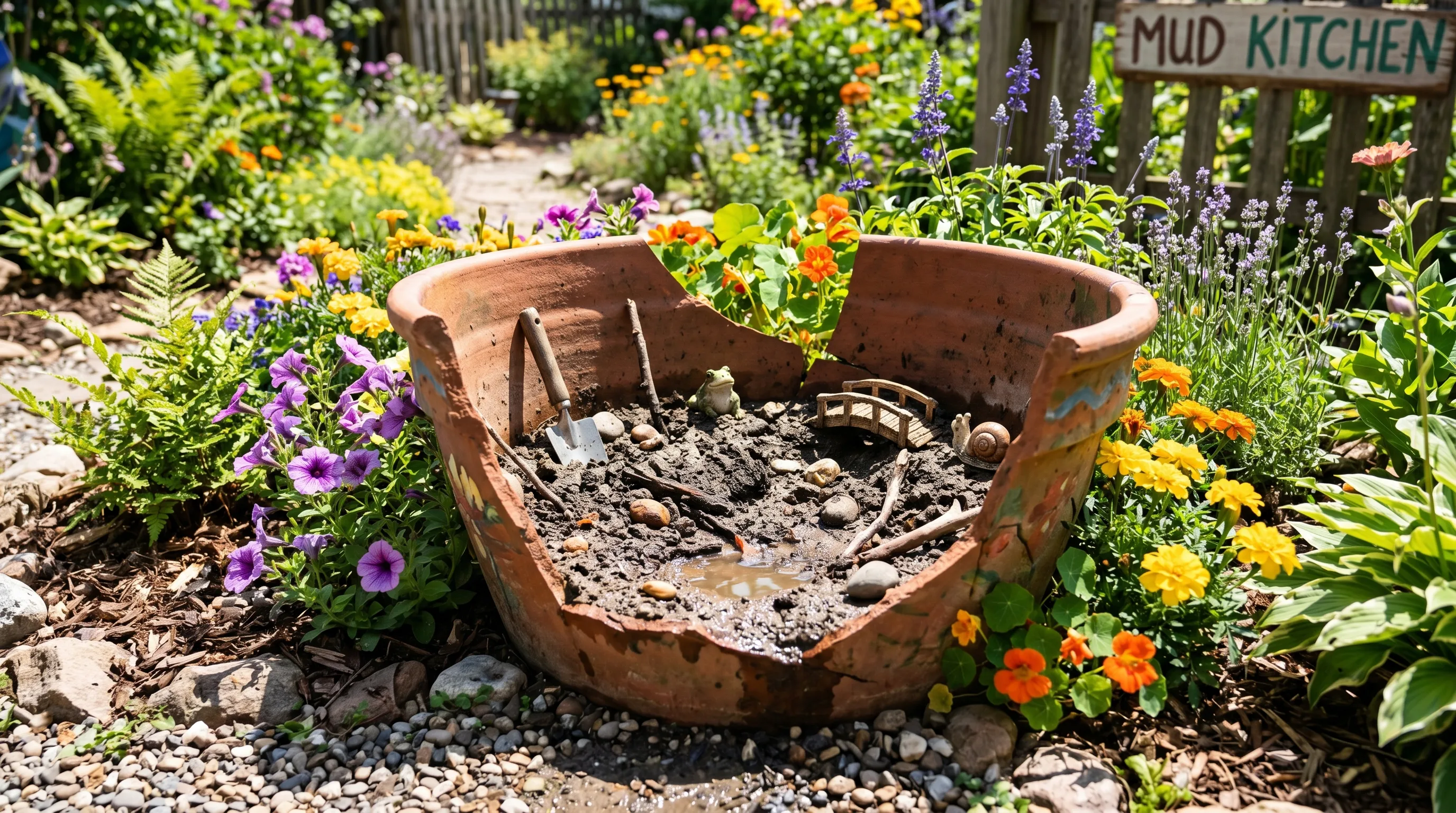 Decorative pollinator mud pit created inside a broken pot with colorful flowers nearby.