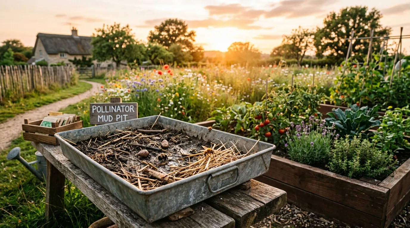 Farmhouse-style pollinator mud pit made from a metal tray with damp soil and straw.