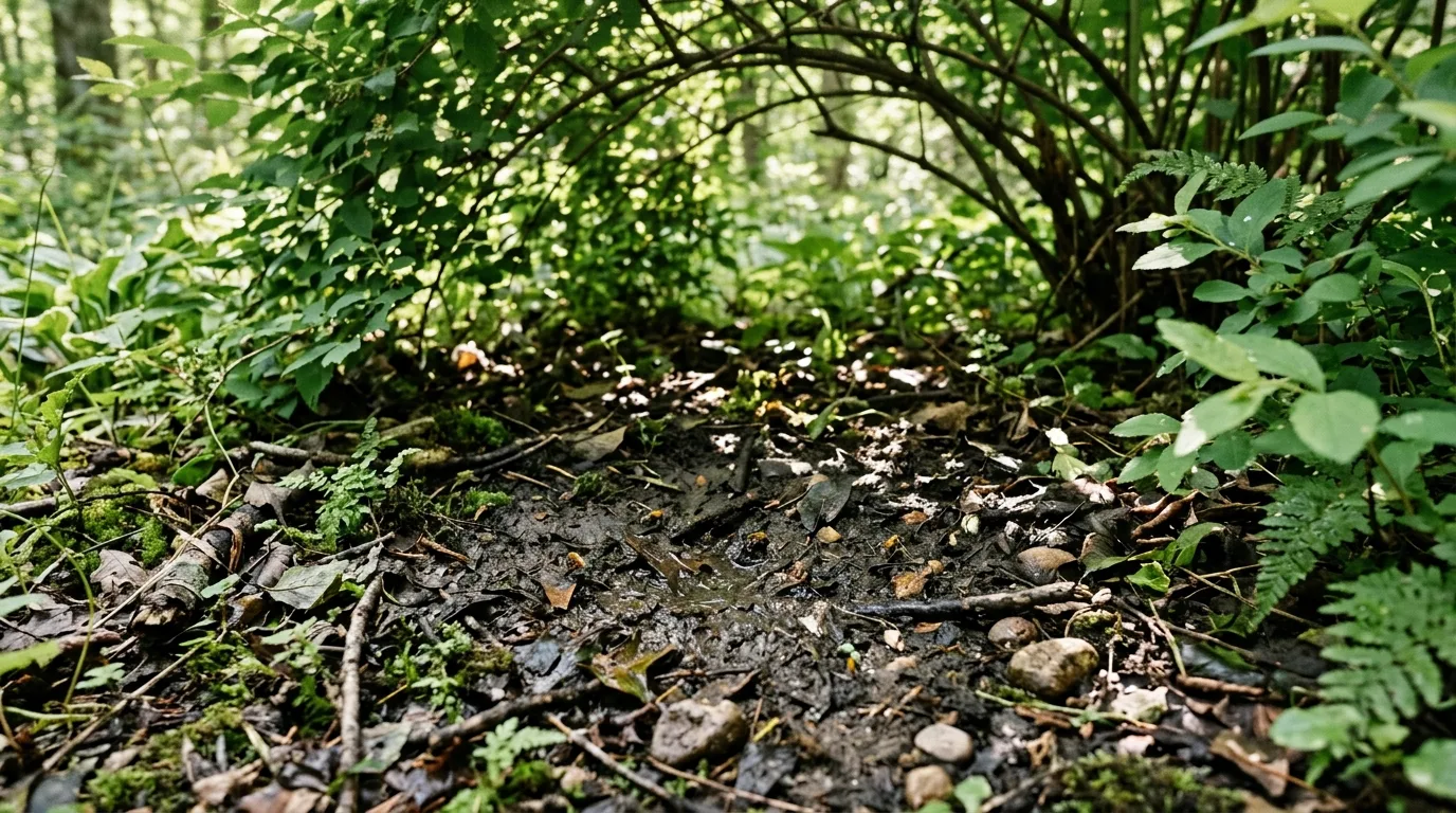 Small shaded pollinator mud area under a bush with moist soil and stones.