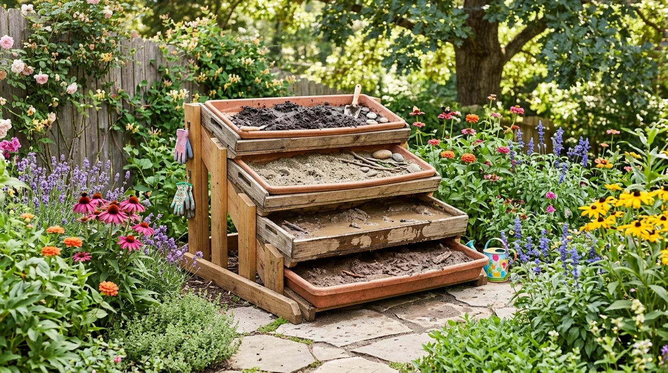 Creative multi-level pollinator mud pit setup using stacked shallow containers.