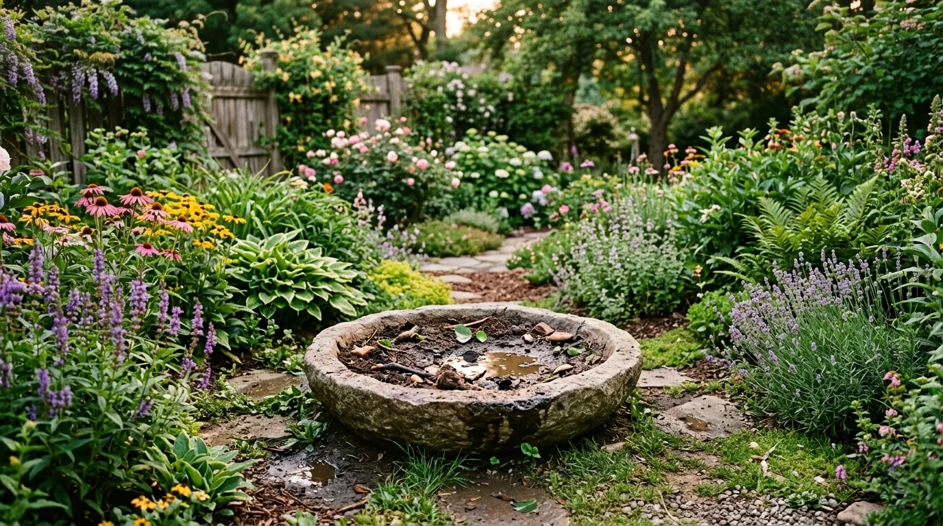 Backyard pollinator mud pit made from a shallow stone bowl among blooming plants.