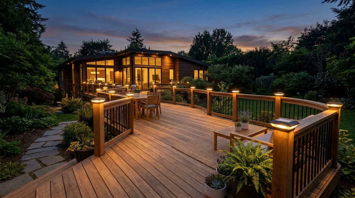 Wooden deck illuminated with solar-powered post cap lights at dusk.