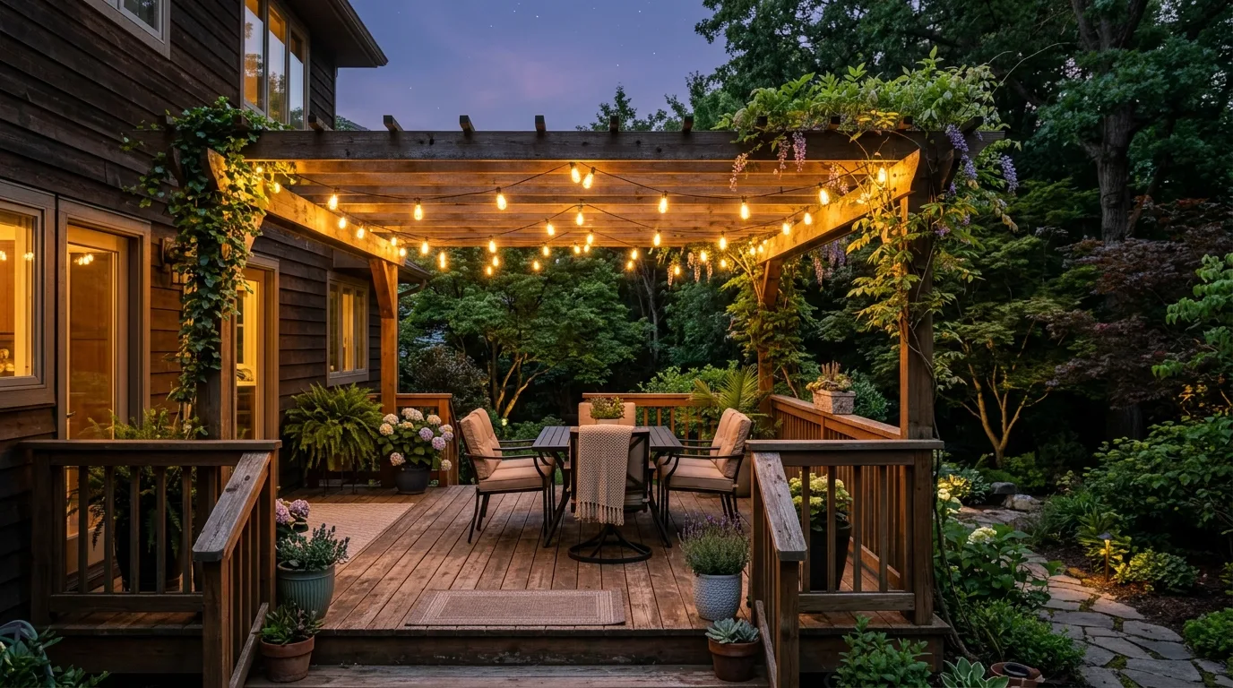 Backyard deck with solar string lights draped across a pergola.
