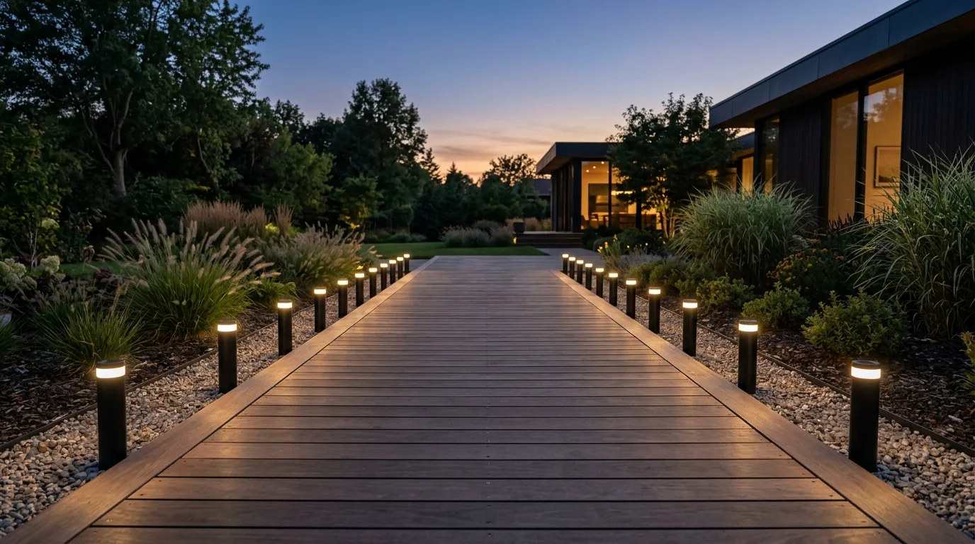 Minimalist deck with sleek solar-powered ground stake lights lining the edges.
