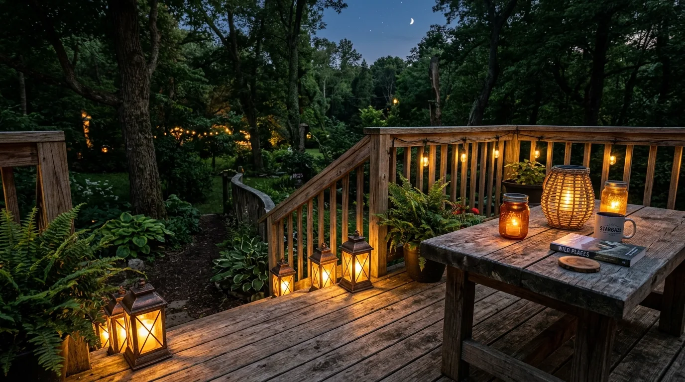 Rustic deck with solar lanterns placed on steps and tables.