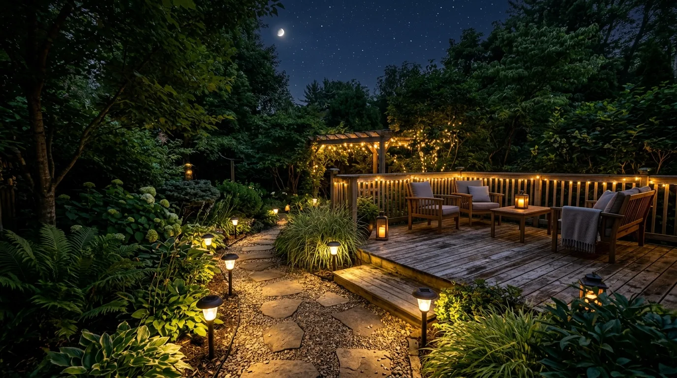Garden deck with solar-powered pathway lights surrounded by lush greenery.