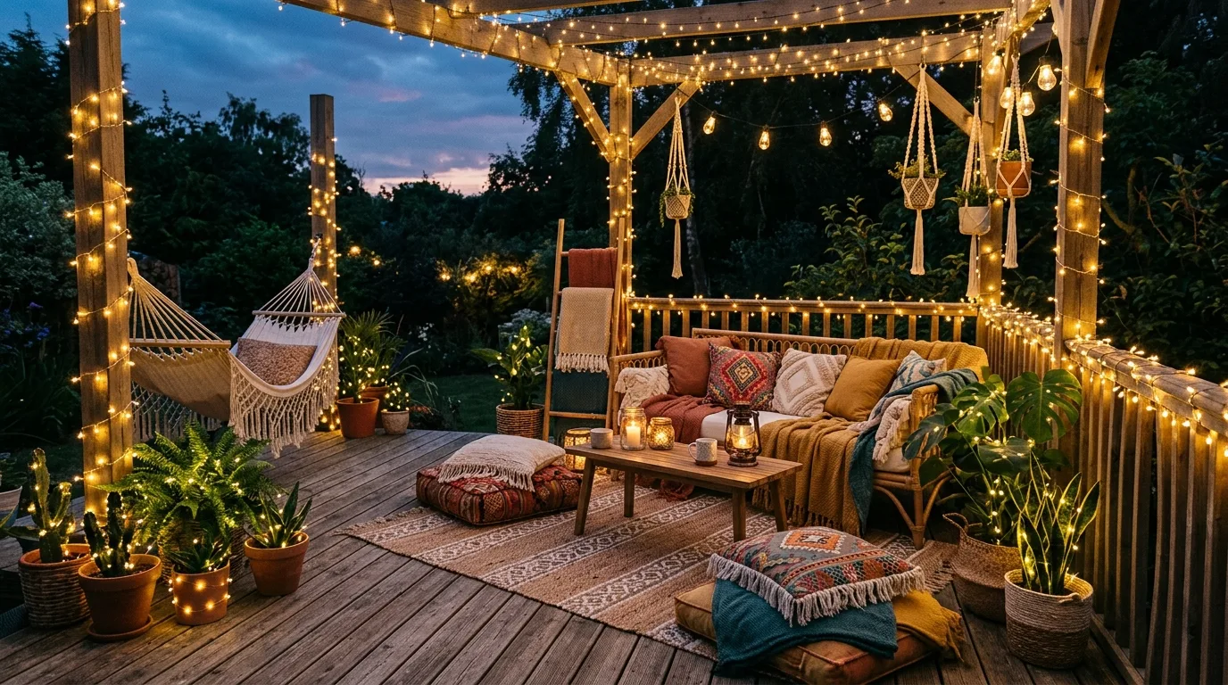 Boho-style deck with solar fairy lights wrapped around posts and plants.