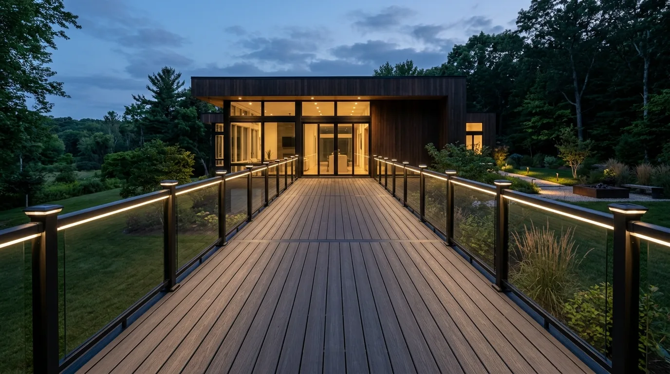 Contemporary deck with integrated solar LED rail lighting.