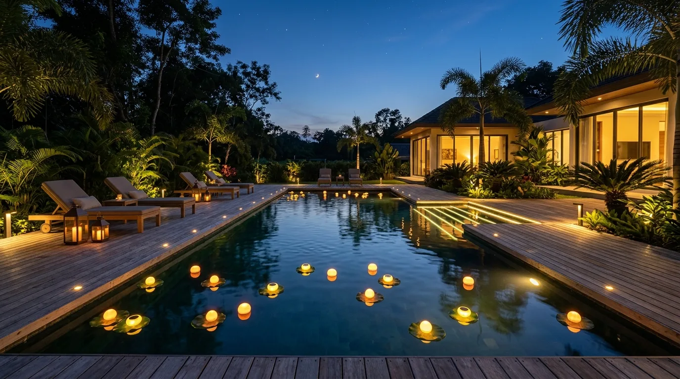 Poolside deck with solar-powered floating lights and surrounding deck illumination.