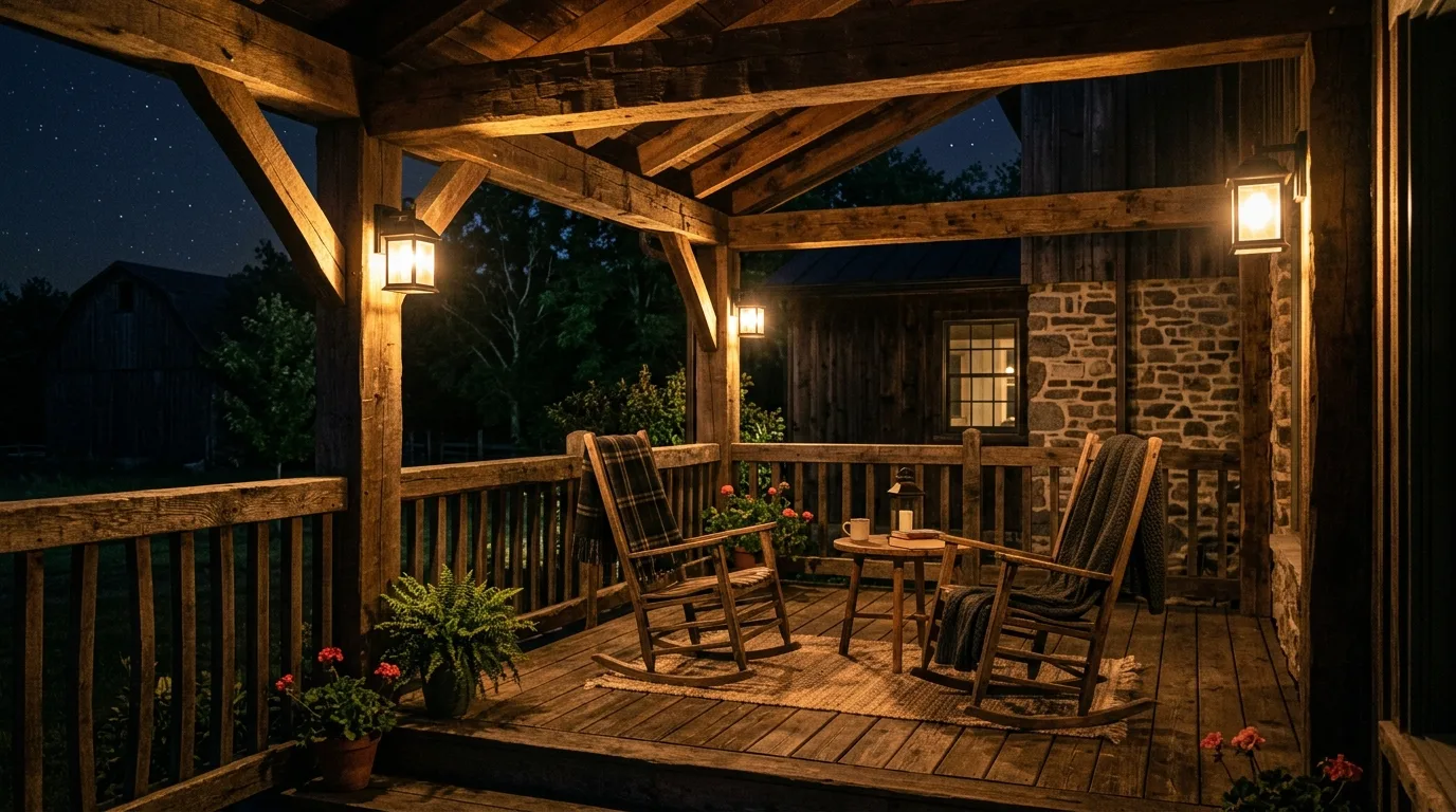 Farmhouse deck with solar wall sconces casting warm light on wooden beams.
