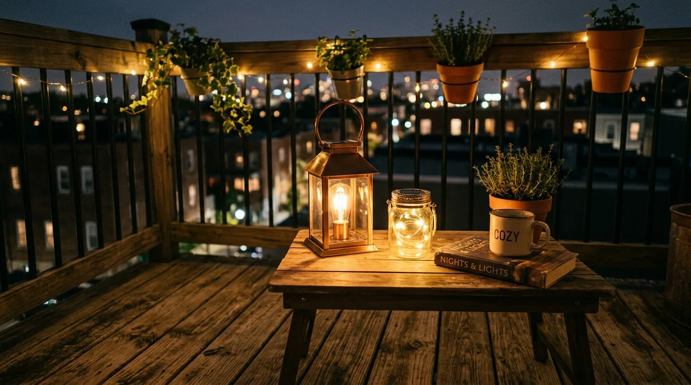Small balcony deck with compact solar lanterns and table lights.
