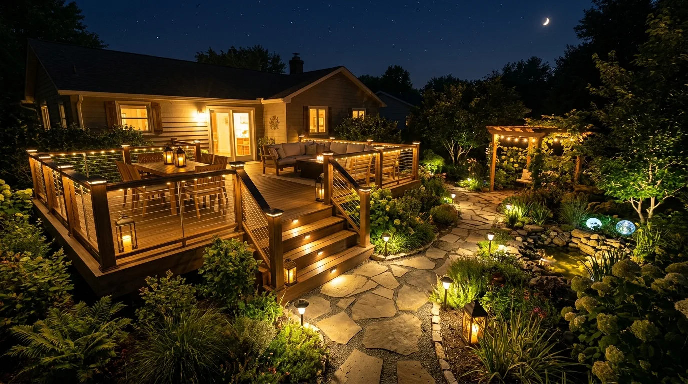 Eco-friendly deck powered by solar lighting across steps, railings, pathways, and garden accents.