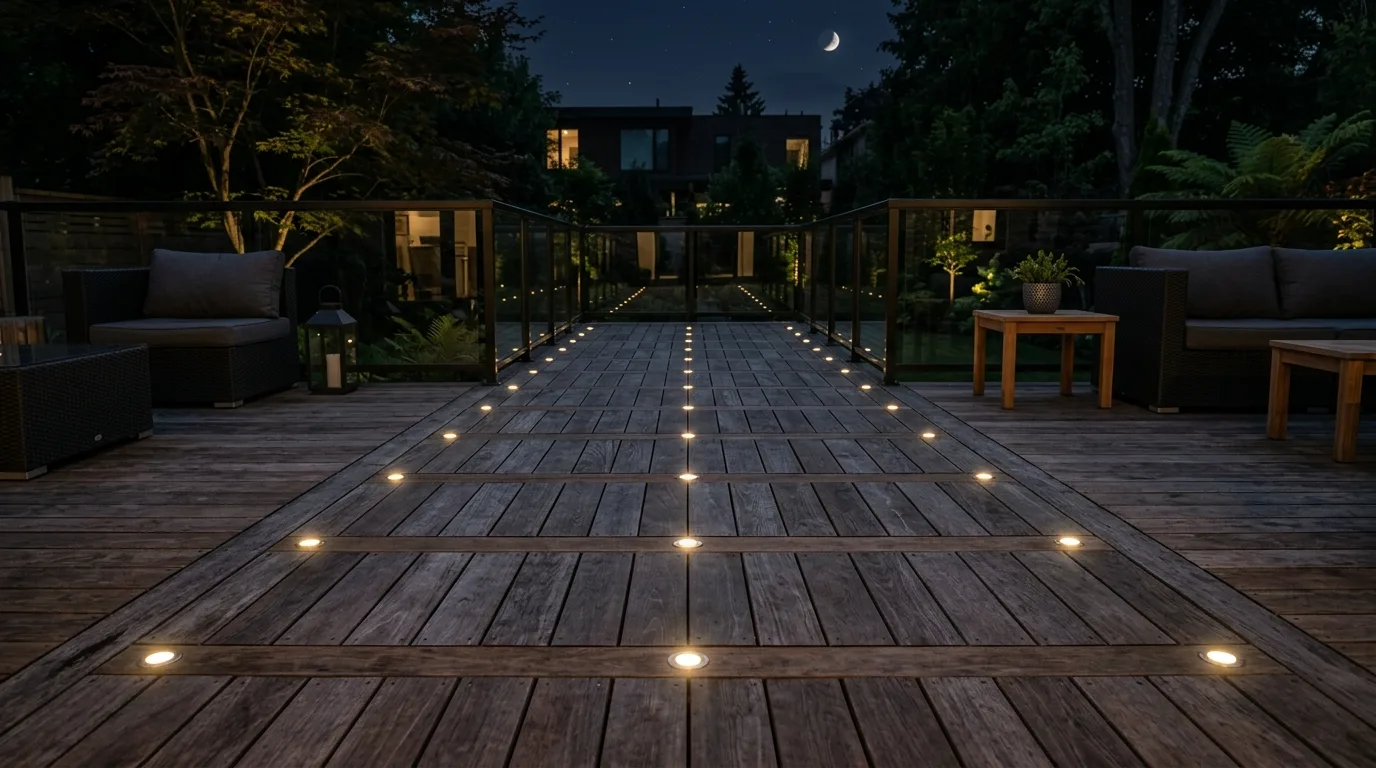 Modern outdoor deck with solar-powered recessed floor lights embedded in wood planks.
