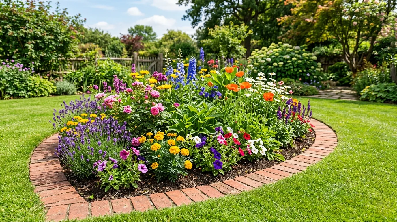 A forest-inspired garden setup with colorful blooms and curved edging in bright daylight.