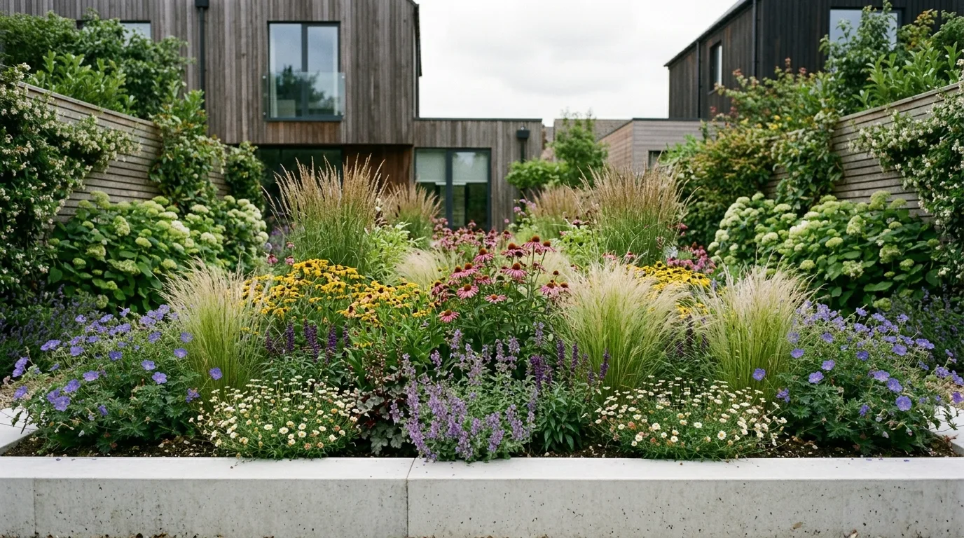 Modern garden bed with smooth concrete borders and vibrant plants.