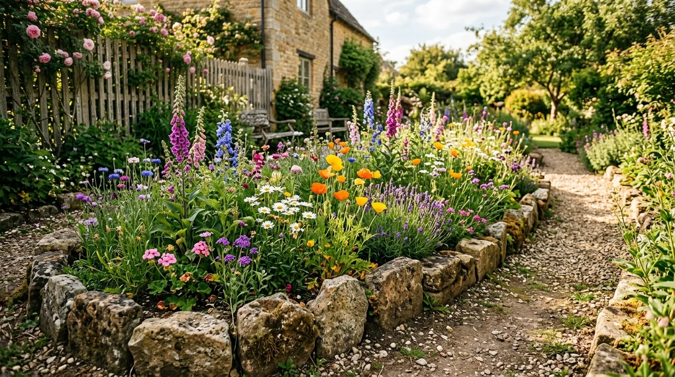 Rustic flower bed edged with irregular natural stones and wildflowers.