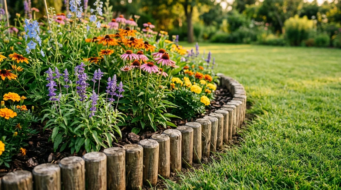 Wood log border around a flower bed with seasonal blooms.