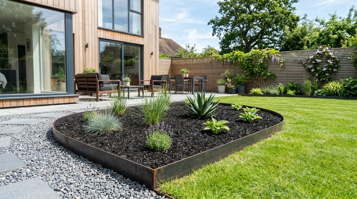Sleek metal garden edging with mulch and minimal plants.