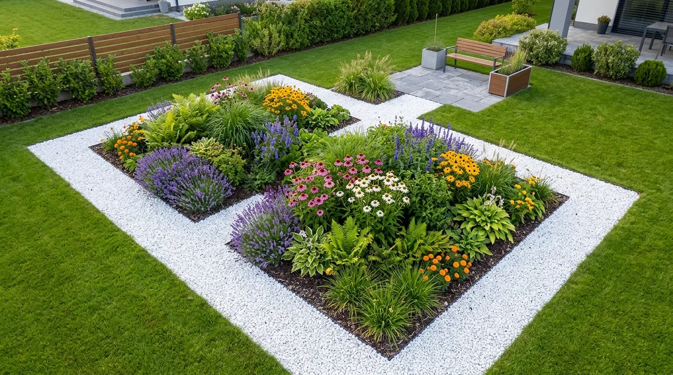 White gravel edging around green plants and flowers.