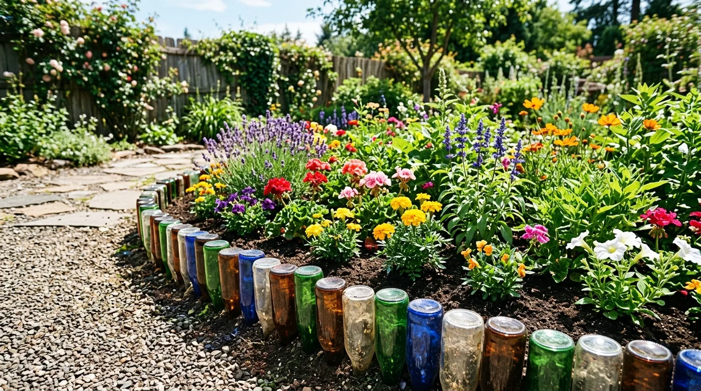 Recycled bottle edging with vibrant plants in a sunny garden.