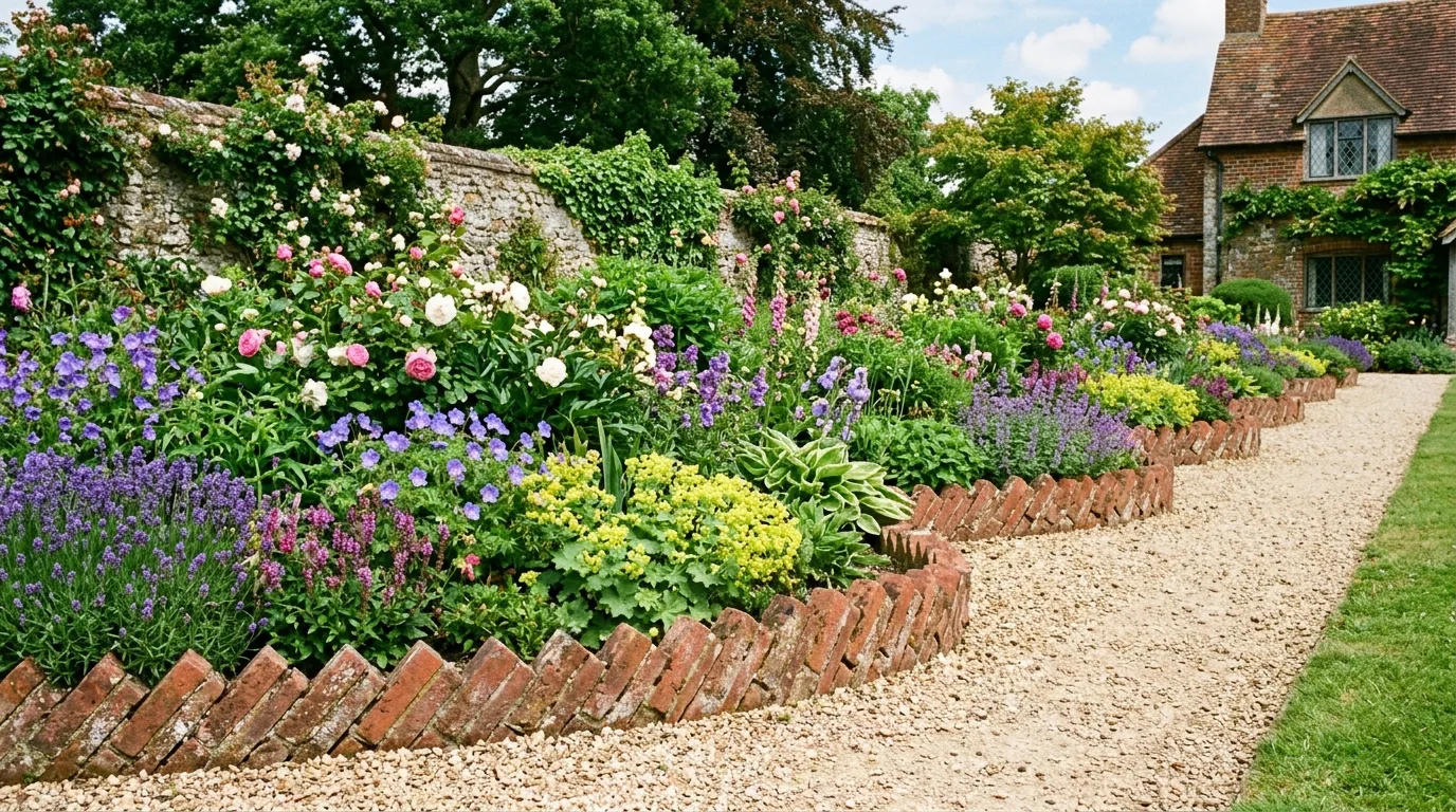 Brick-on-edge flower bed border with lush greenery.