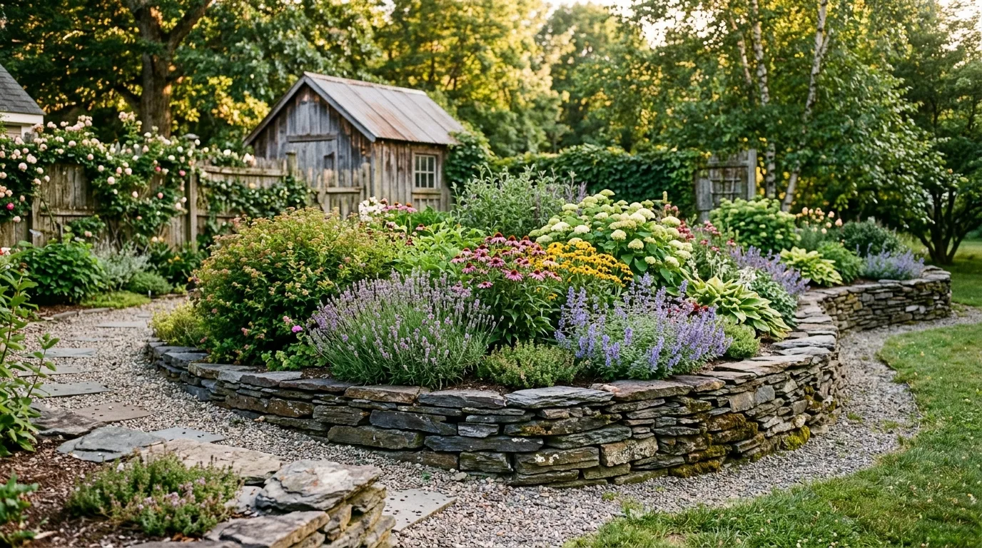Stacked slate stone flower bed with shrubs and flowers.
