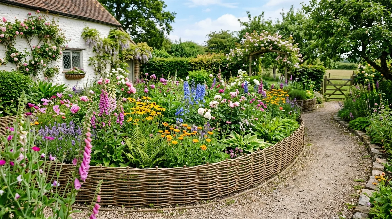 Curved flower bed bordered with woven willow fencing.