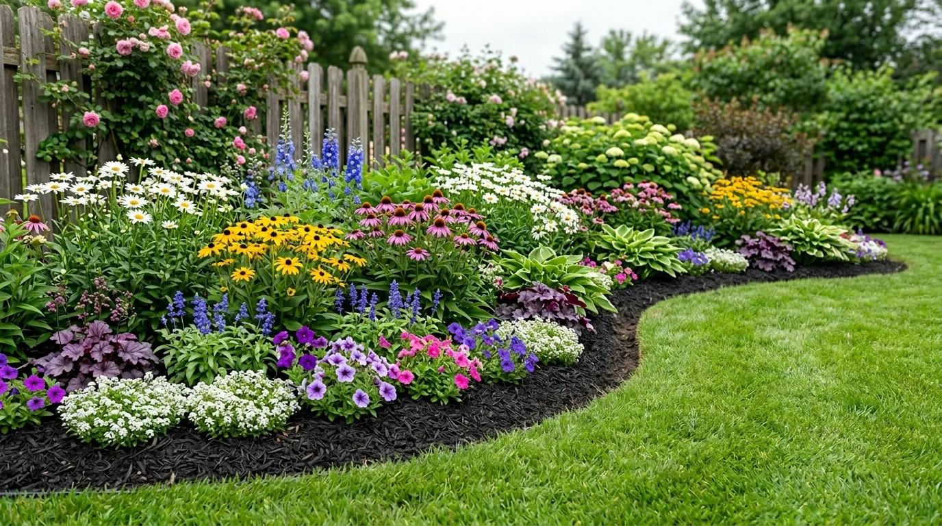 Neat flower bed with hidden landscape edging under mulch.