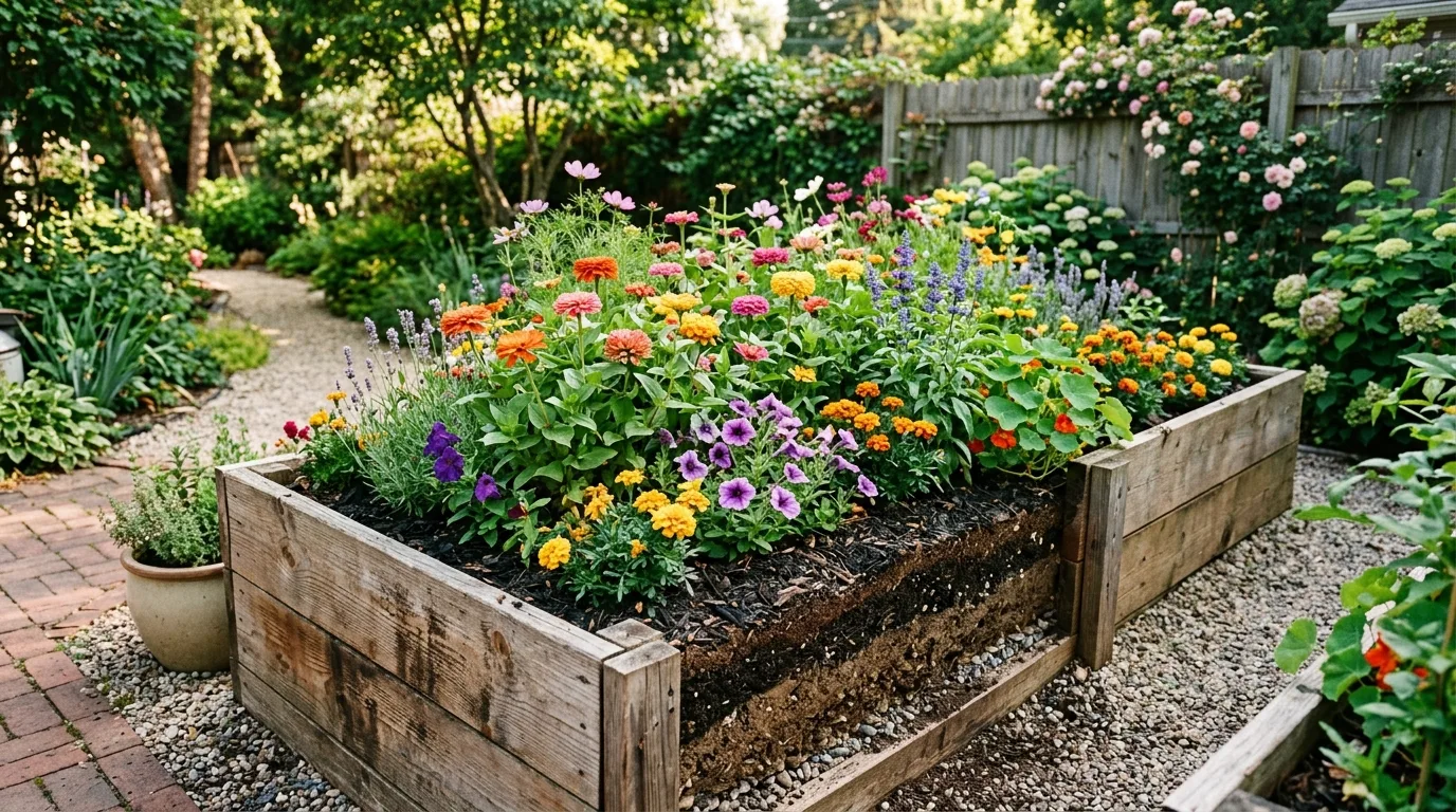 Raised flower bed with wooden planks and visible soil layers.