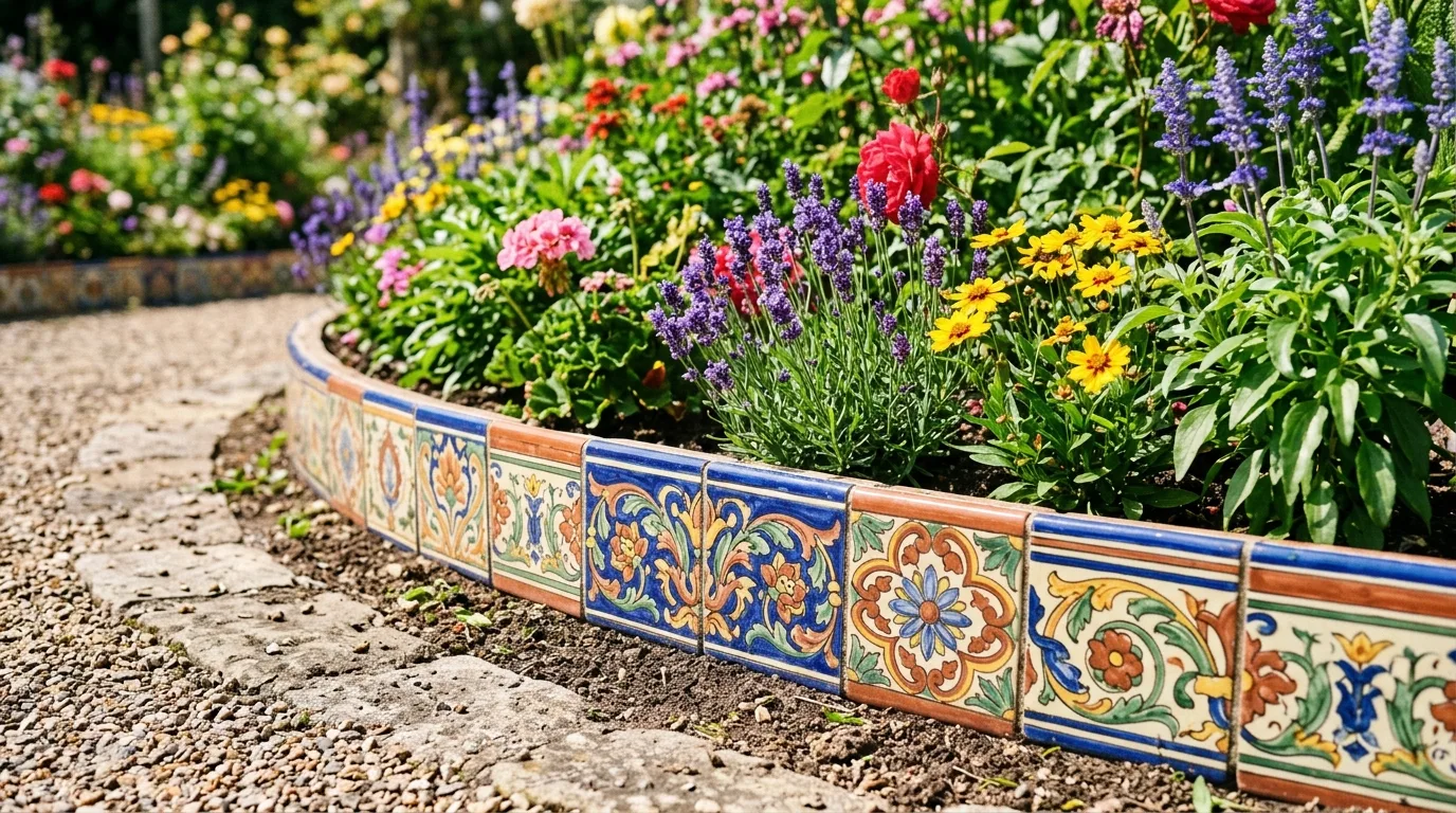 Decorative tile edging around a flower bed with colorful flowers.