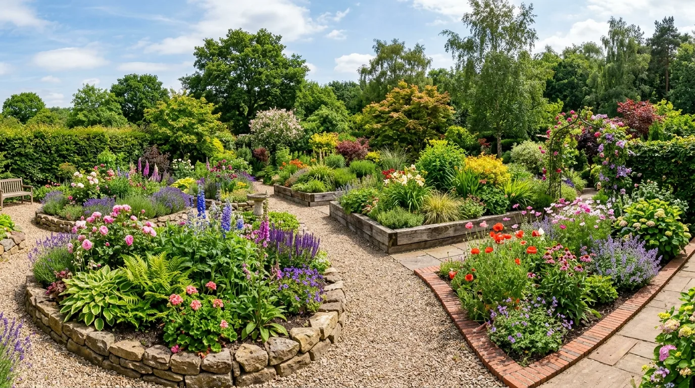 Wide garden view with multiple edging styles and blooming flowers.