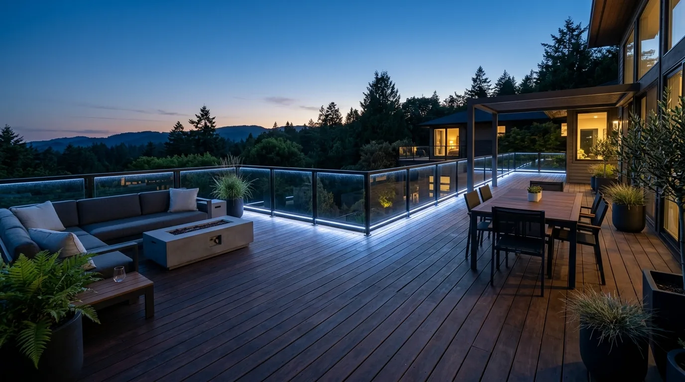 Modern deck with energy-efficient LED strip lighting under the railings.