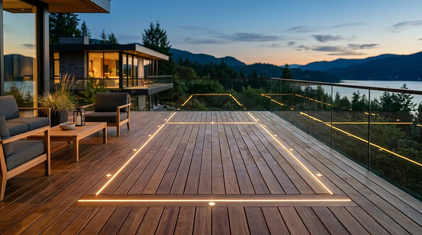 Outdoor deck with recessed LED floor lights embedded in wooden planks.