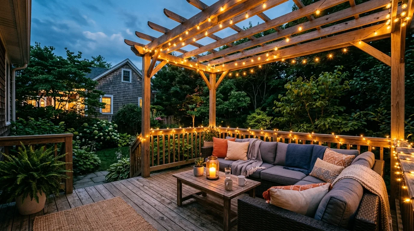 Backyard deck with LED string lights draped across a pergola.