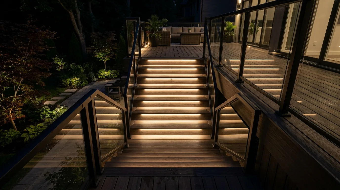 Modern deck staircase with LED step lights built into the risers.