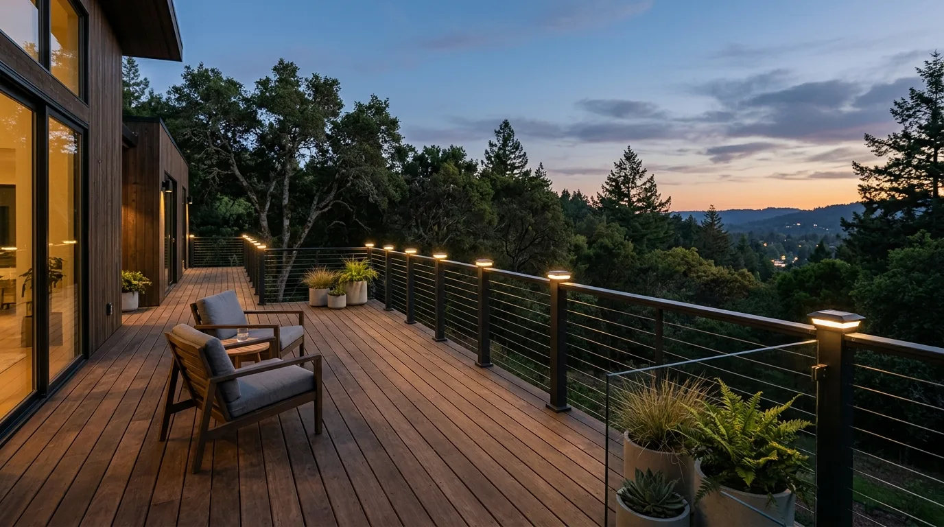 Minimalist deck with solar-powered LED post cap lights on the railings.