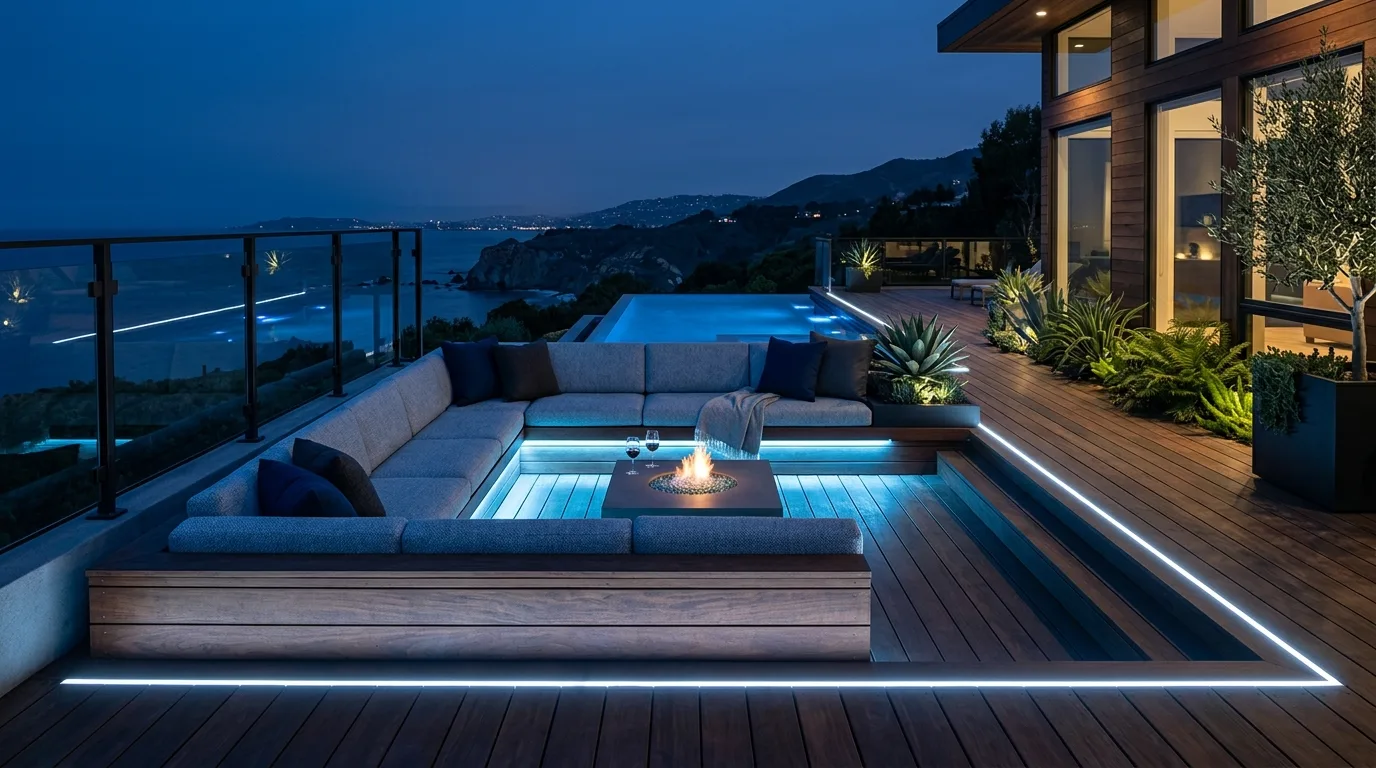 Luxury outdoor deck with hidden LED lighting under built-in seating.