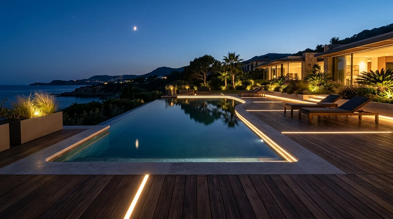 Poolside deck with waterproof LED accent lighting reflecting on water and wood.