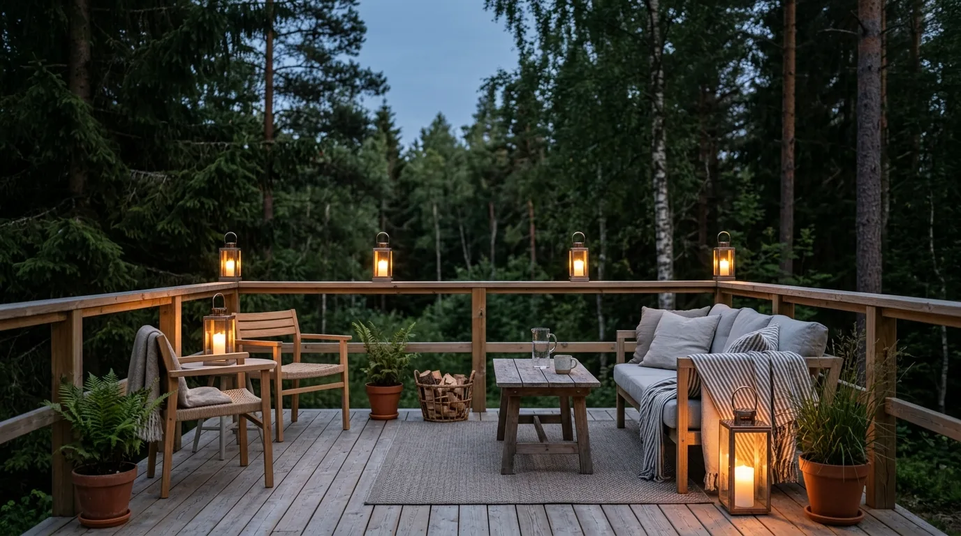 Scandinavian-style deck with simple furniture and energy-efficient LED lanterns.