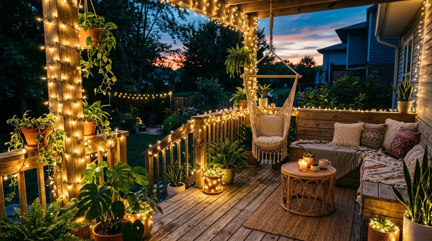 Boho-modern deck with LED fairy lights wrapped around plants and posts.