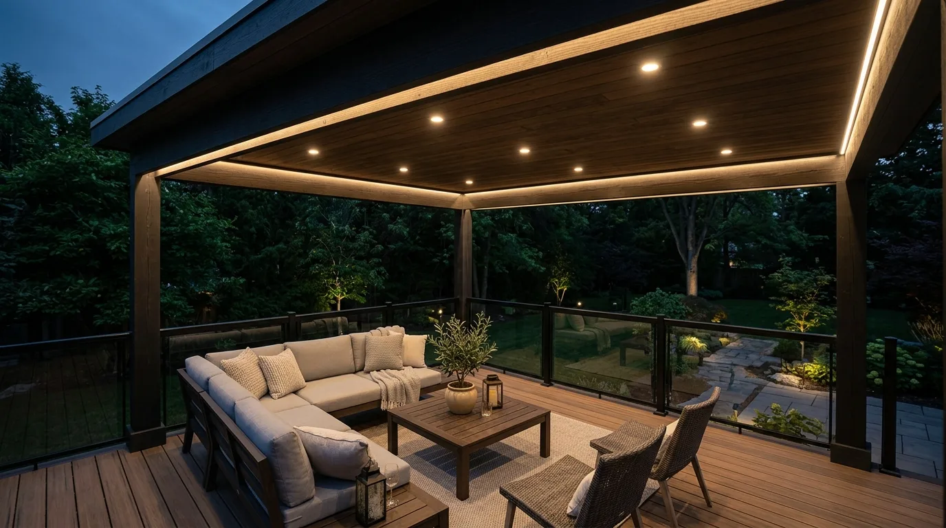 Covered pergola deck with integrated LED ceiling lights and under-beam illumination.