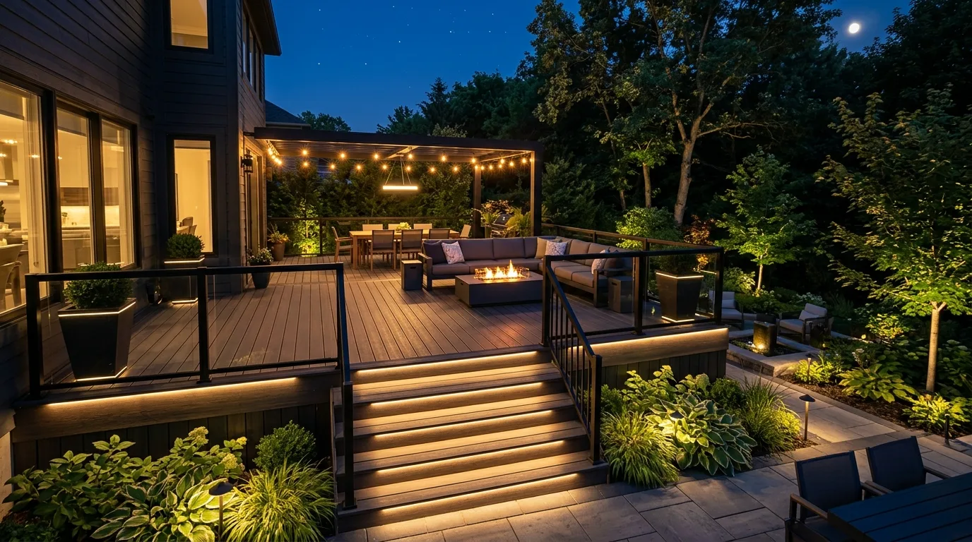 Modern backyard deck with layered energy-efficient LED lighting across stairs, railings, furniture, and landscaping.