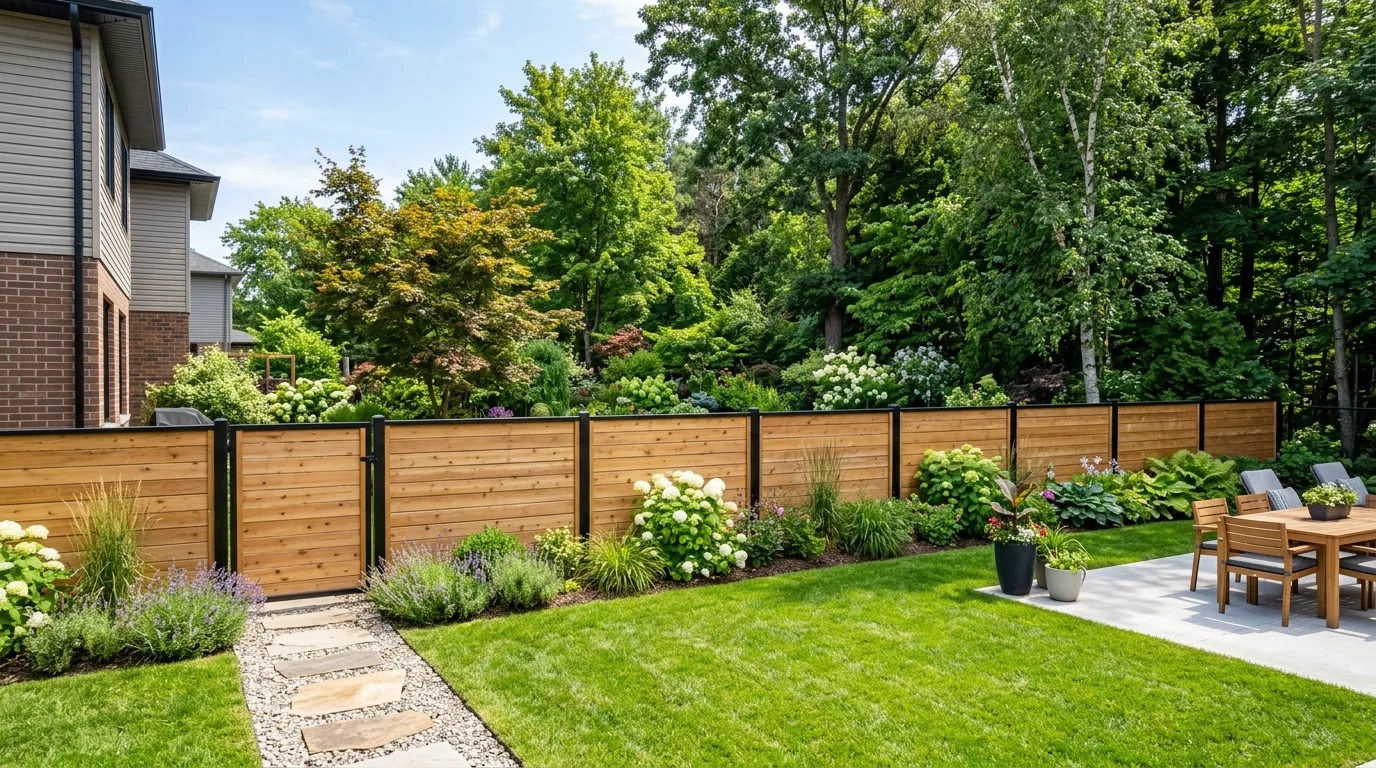 Modern backyard fence showing proper height and clear garden boundary lines.