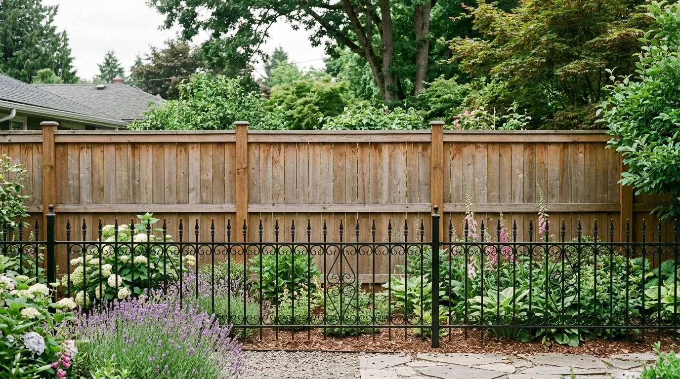 Fence height comparison scene with low decorative fence and taller privacy fence.