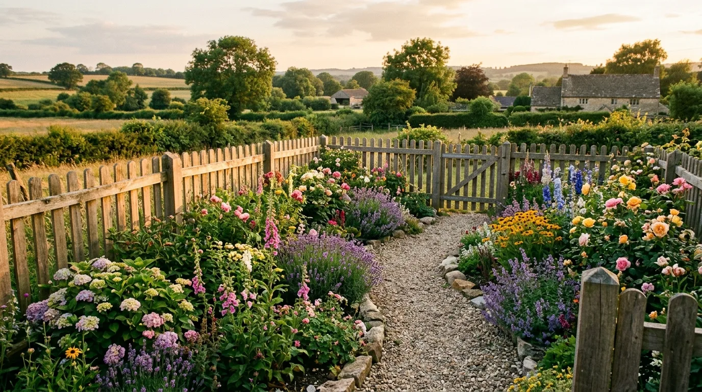 Garden with medium-height wooden fence surrounding flower beds.