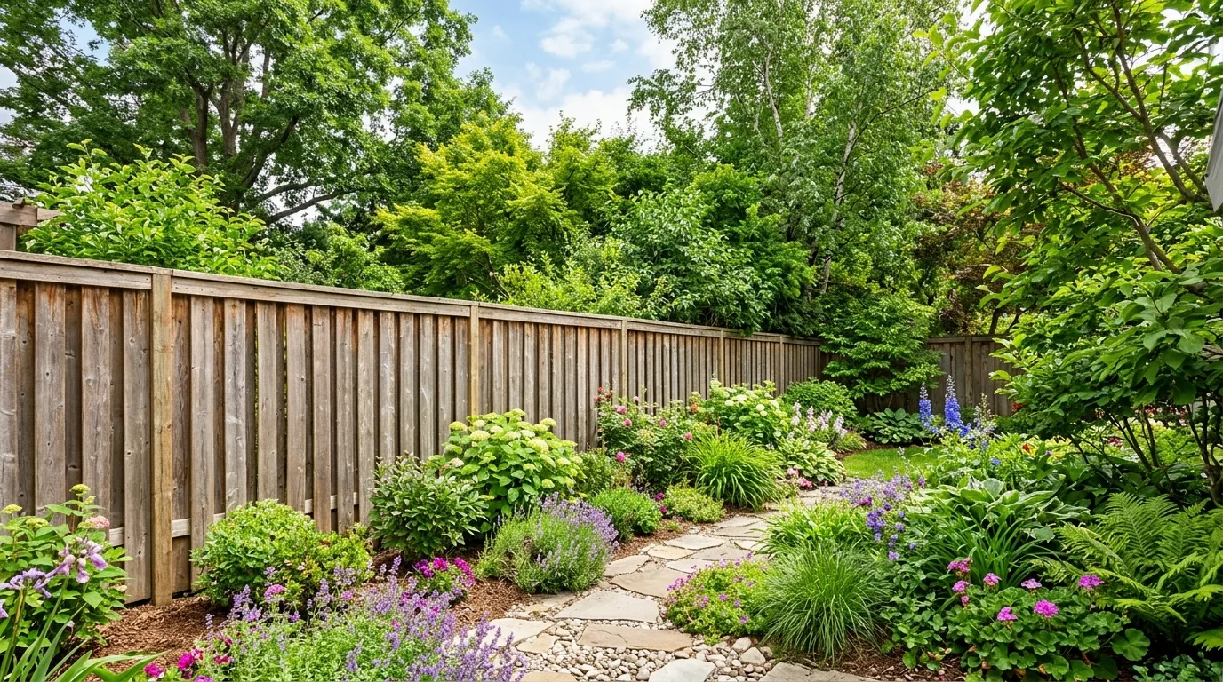 Tall privacy fence made of vertical wood planks enclosing a backyard garden.