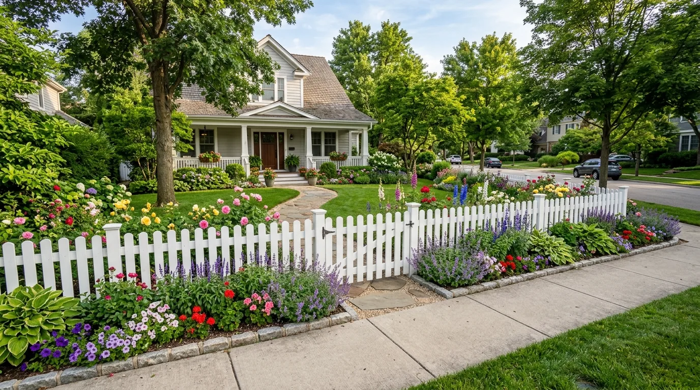 Low picket fence in a front yard garden with flowers along the border.